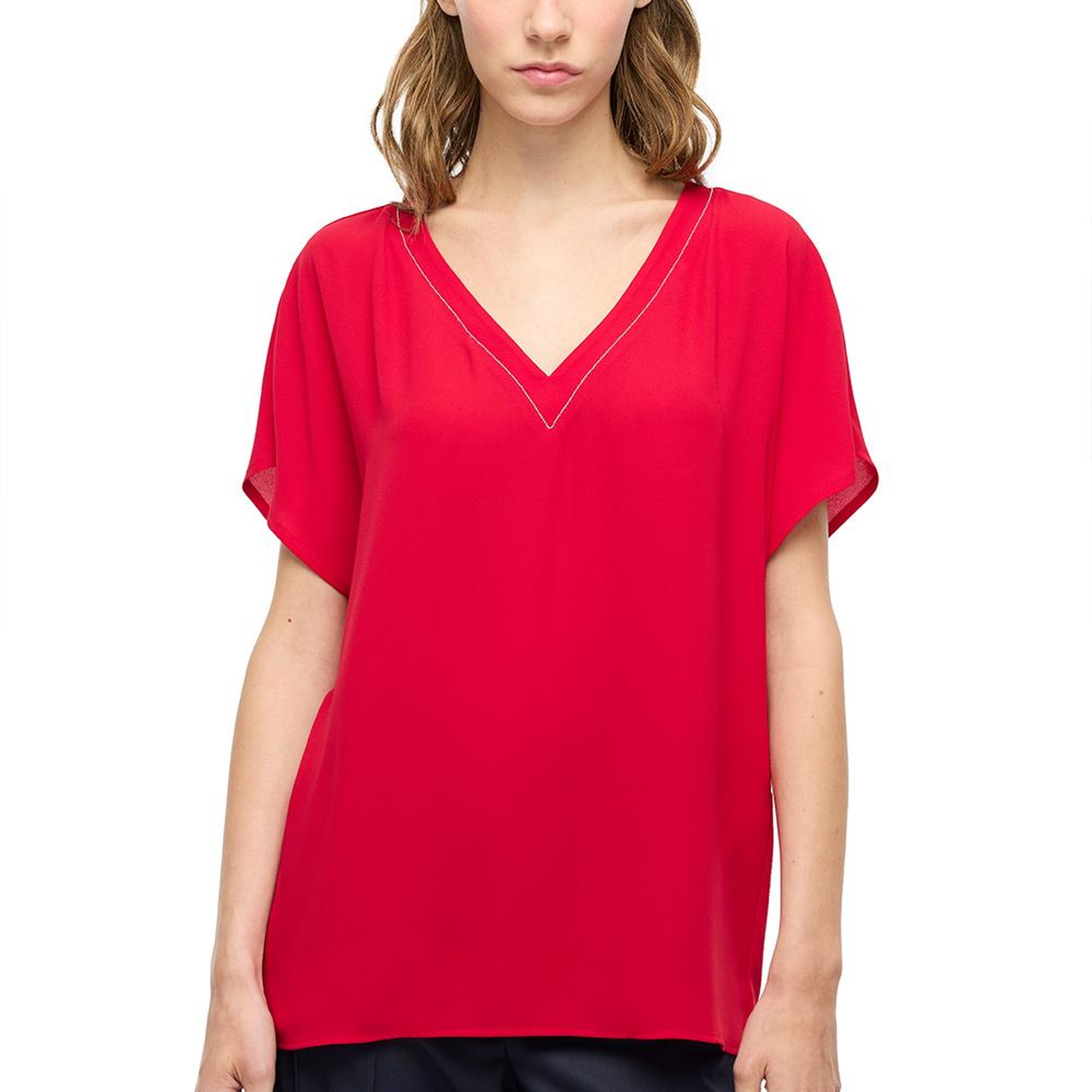 Kırmızı Ametist Rahat Kalıp V-Yaka Bluz