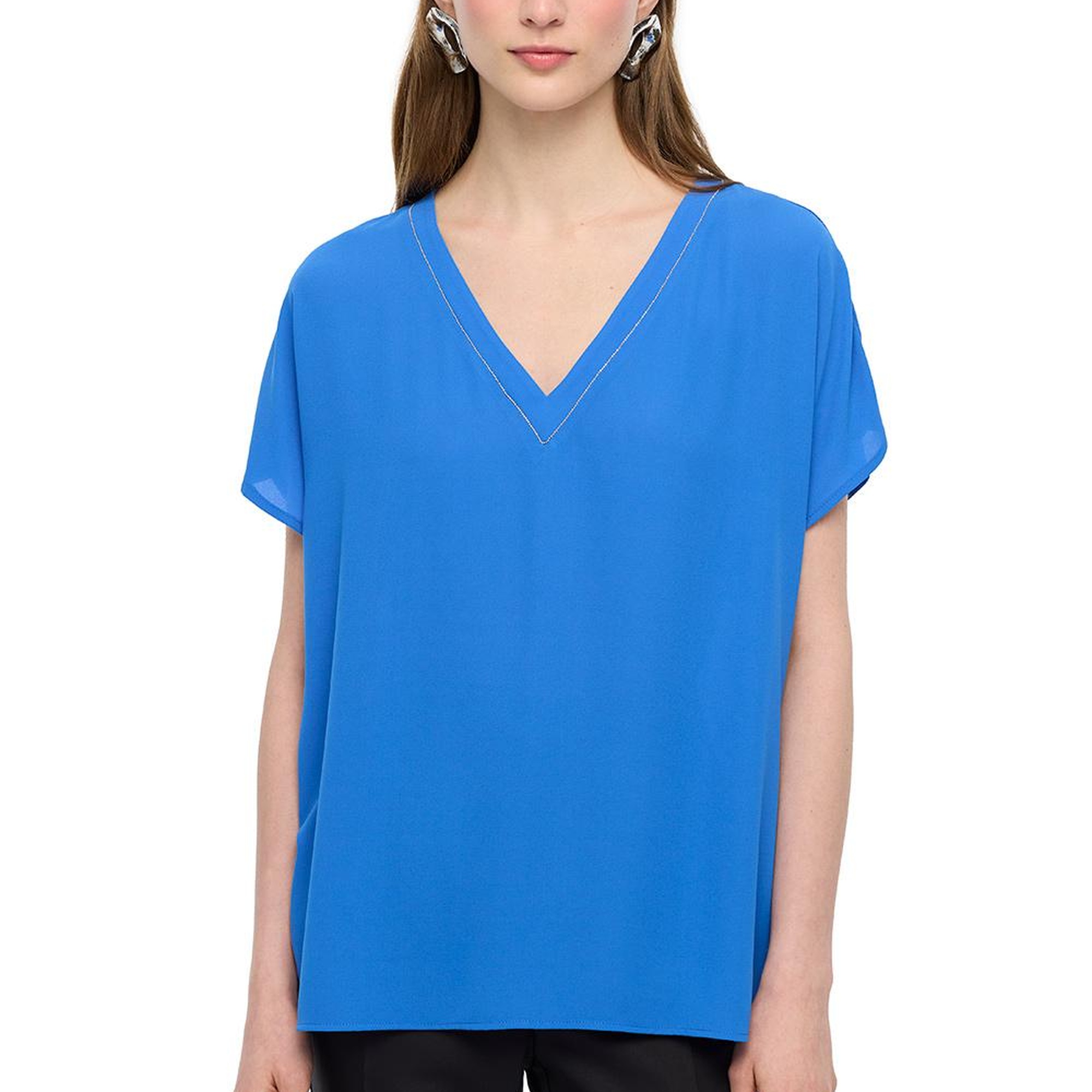 Saks Ametist Rahat Kalıp V-Yaka Bluz