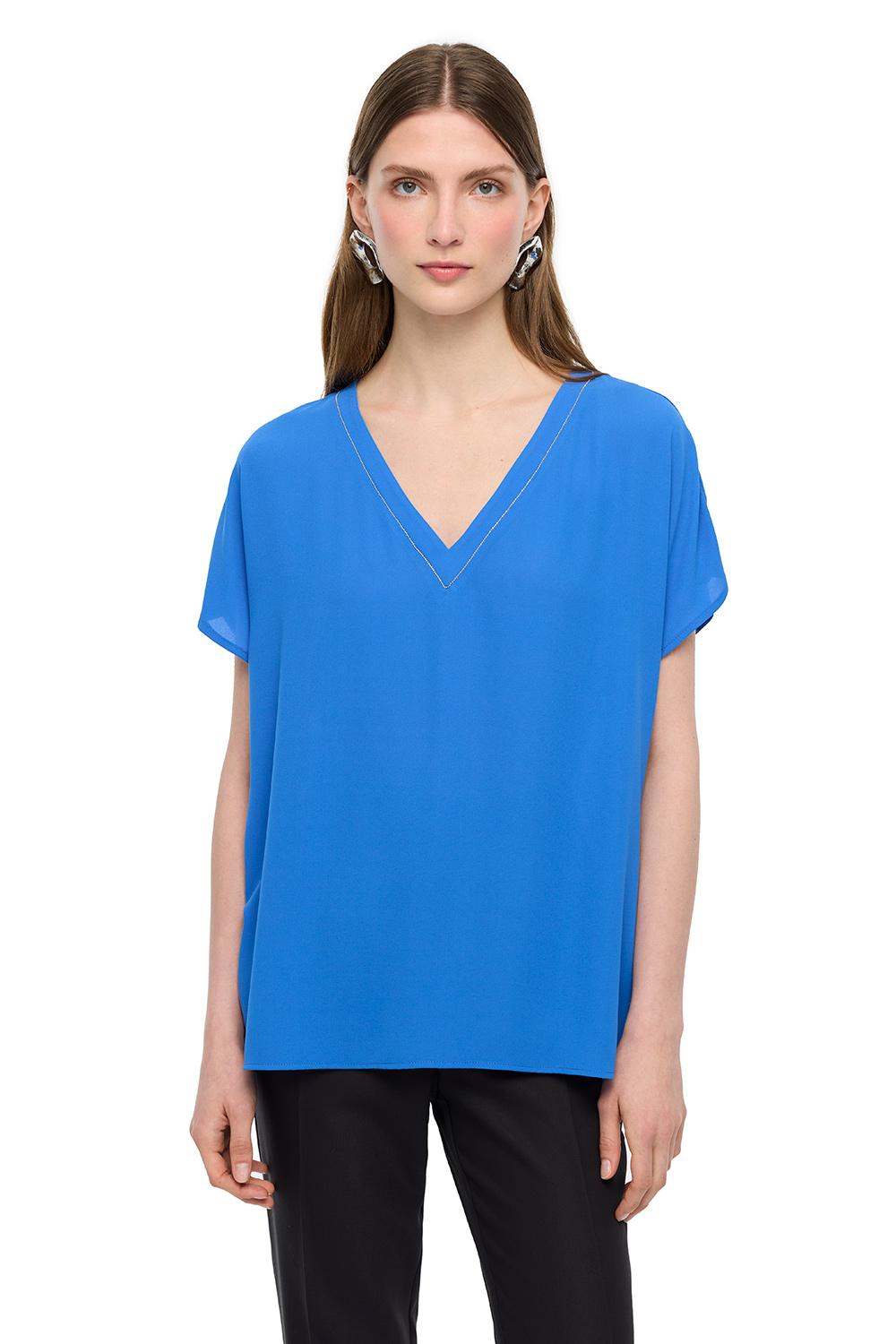  Saks Ametist Rahat Kalıp V-Yaka Bluz