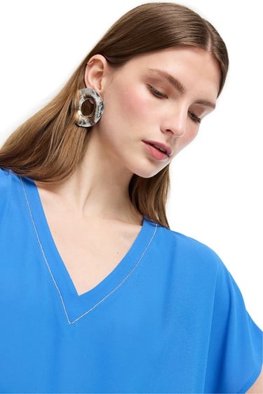  Saks Ametist Rahat Kalıp V-Yaka Bluz