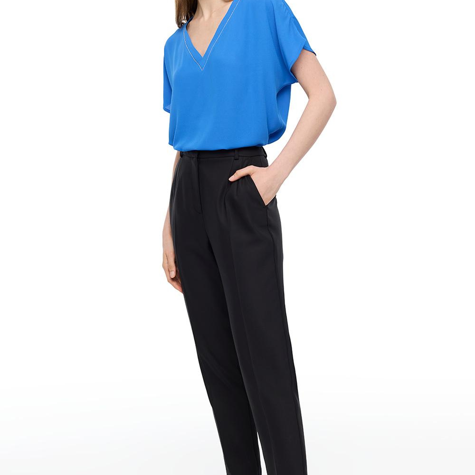 Saks Ametist Rahat Kalıp V-Yaka Bluz