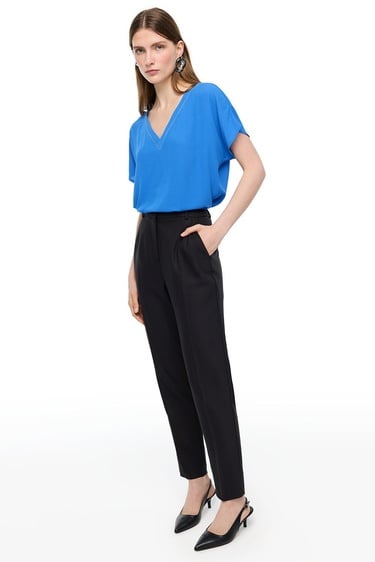  Saks Ametist Rahat Kalıp V-Yaka Bluz