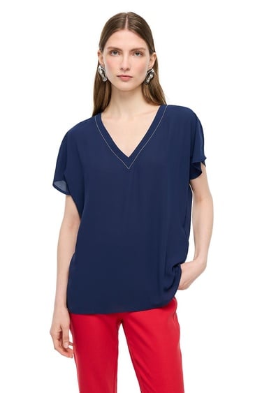  Lacivert Ametist Rahat Kalıp V-Yaka Bluz