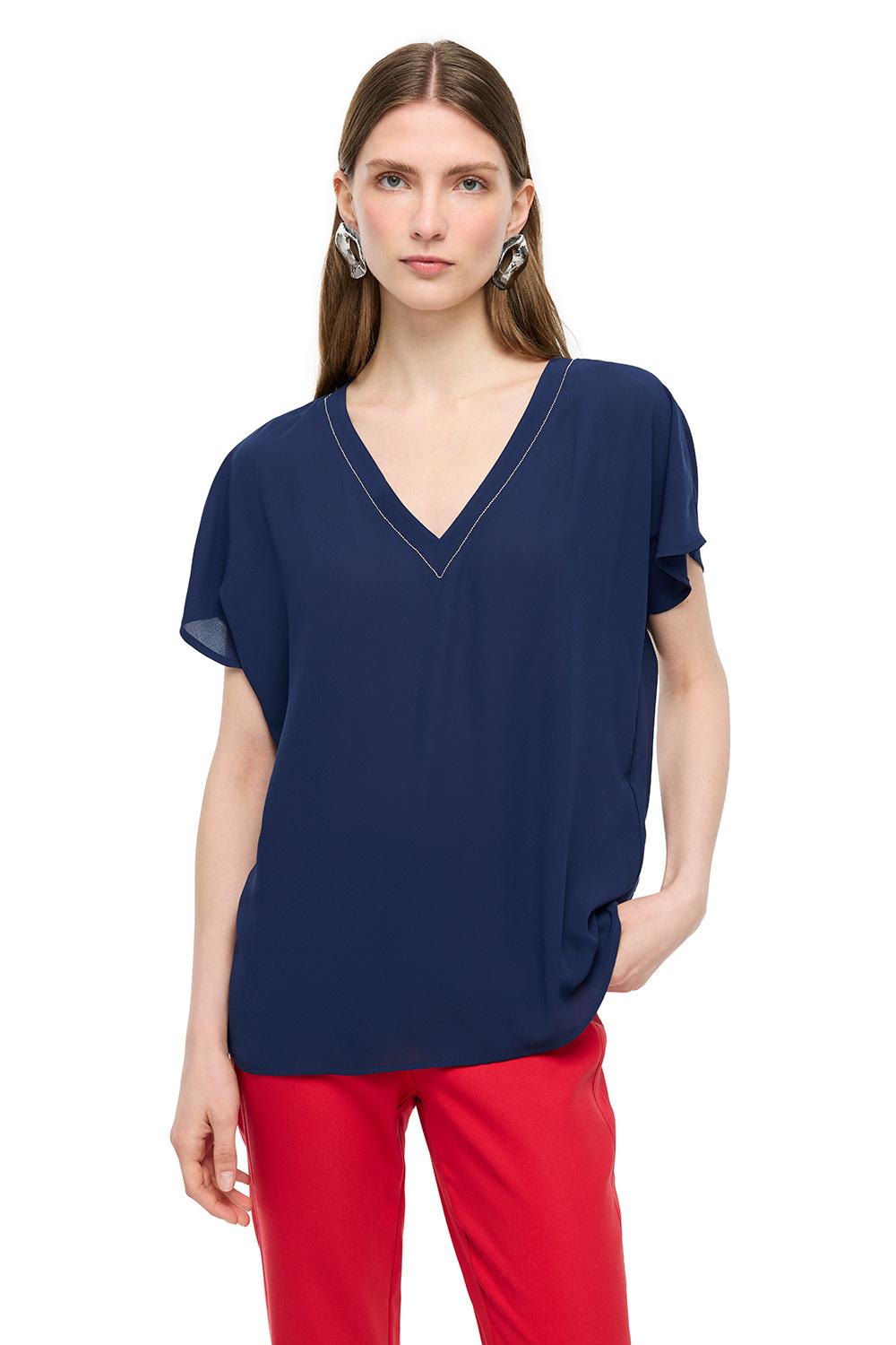  Lacivert Ametist Rahat Kalıp V-Yaka Bluz