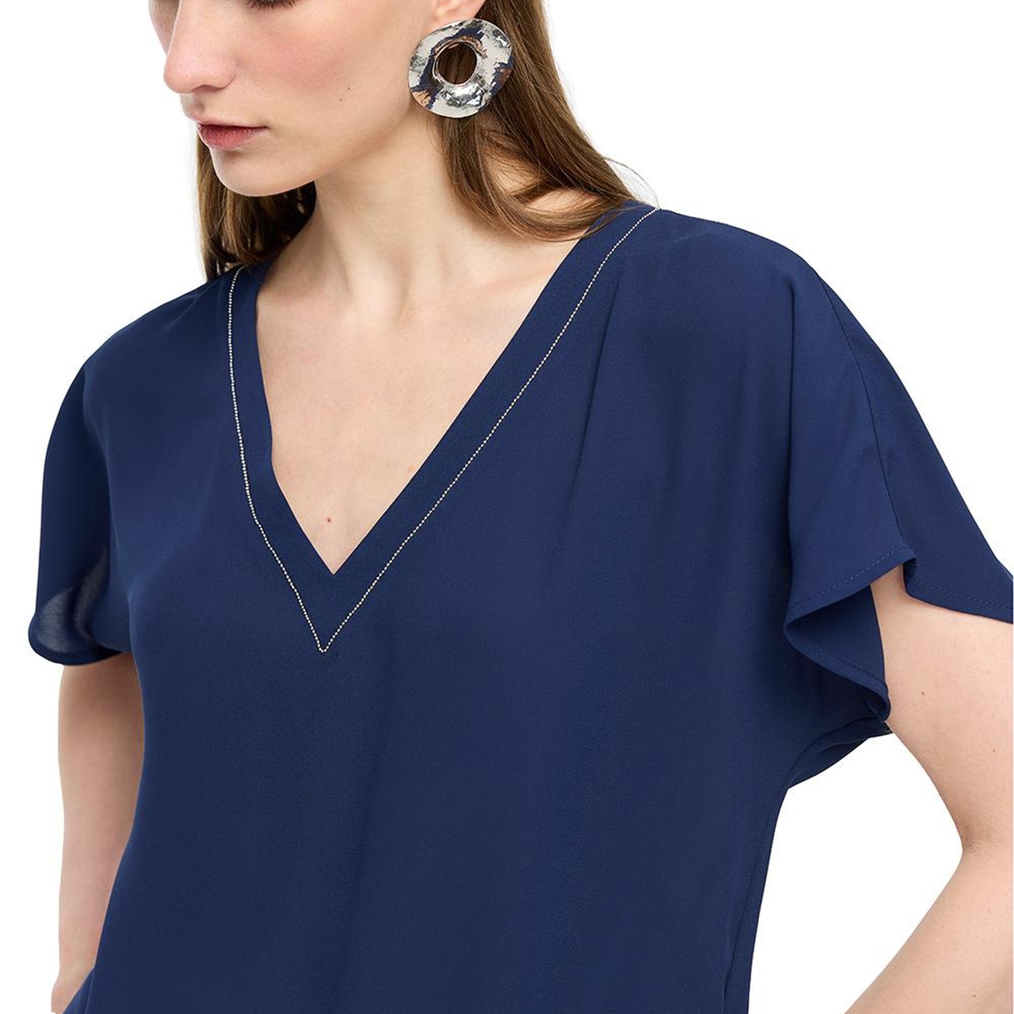 Lacivert Ametist Rahat Kalıp V-Yaka Bluz