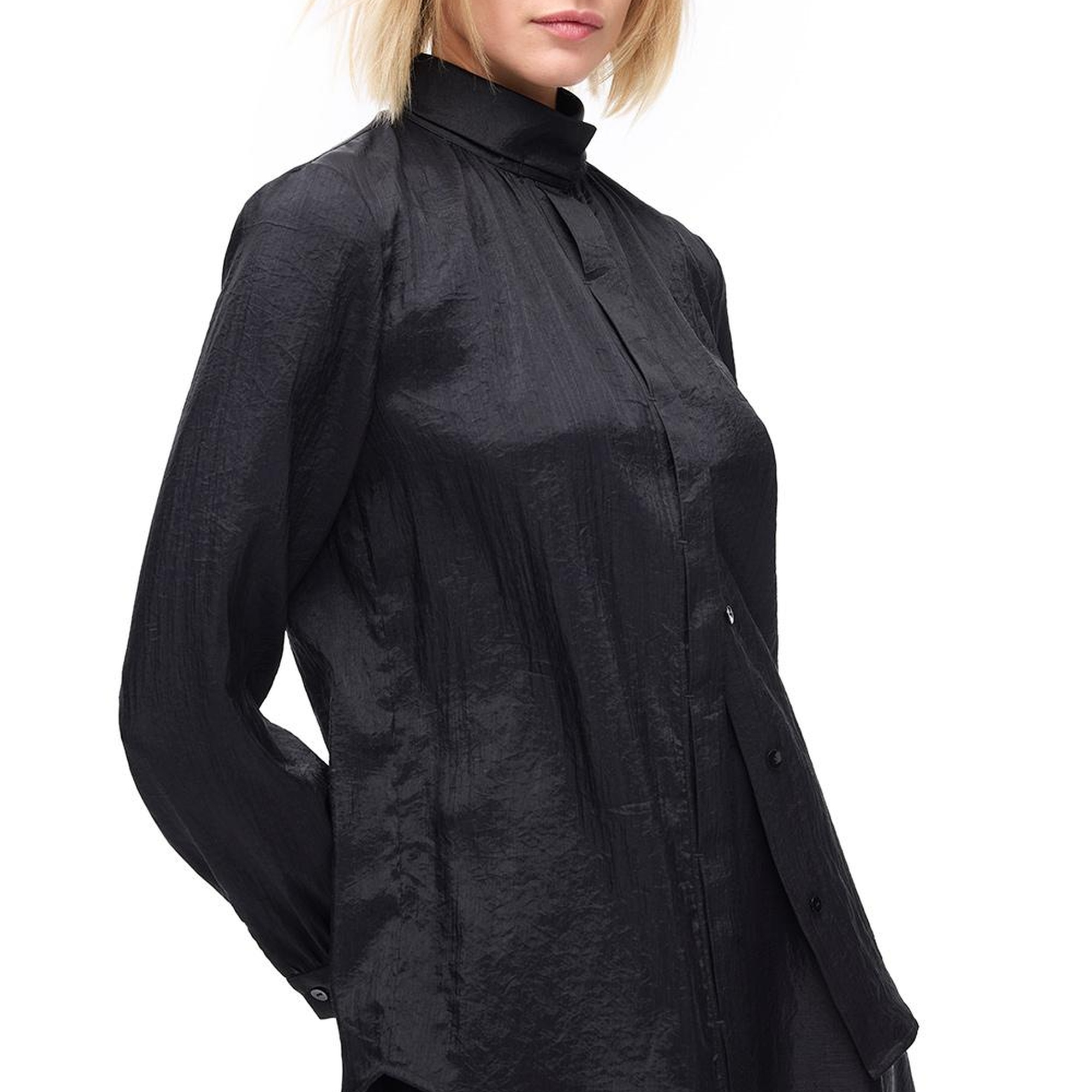 Düğmeli Uzun Kollu Poliamid Bluz