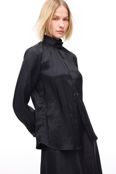  Düğmeli Uzun Kollu Poliamid Bluz