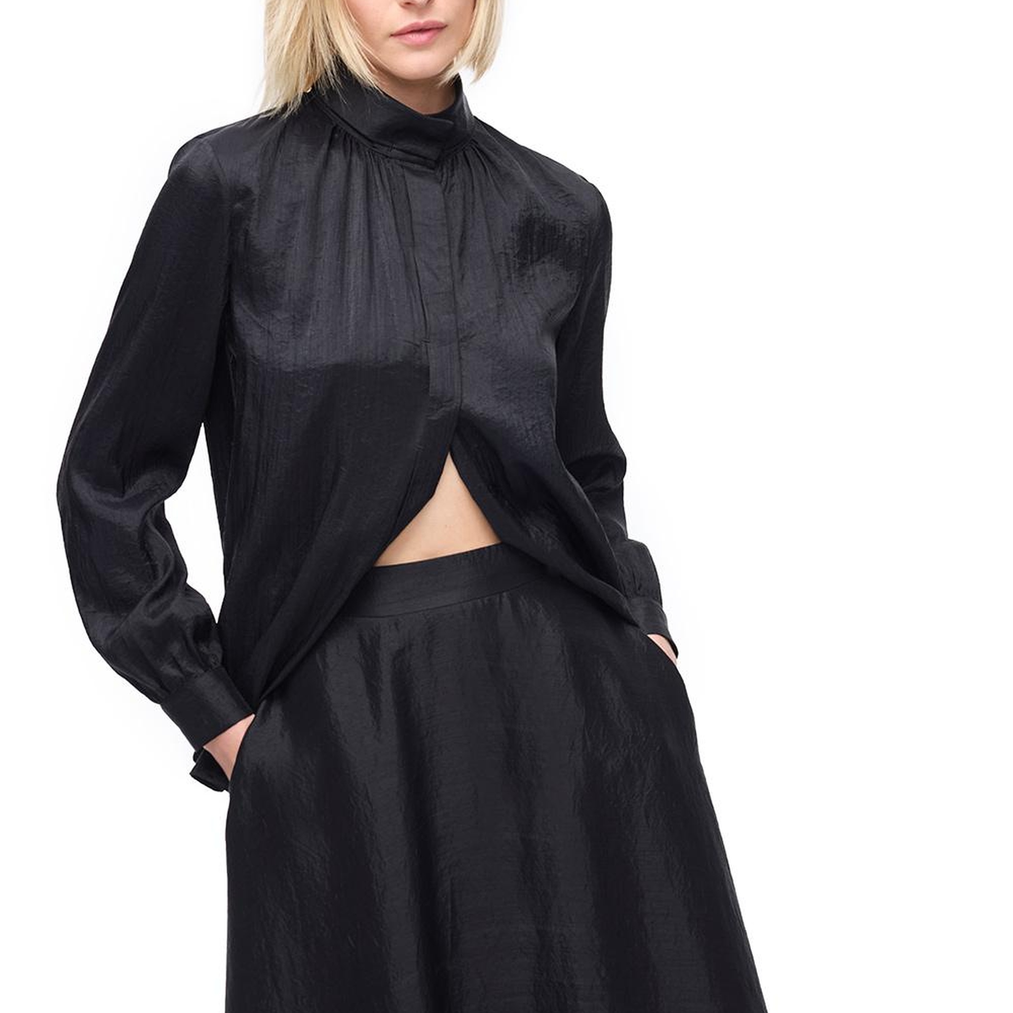 Düğmeli Uzun Kollu Poliamid Bluz