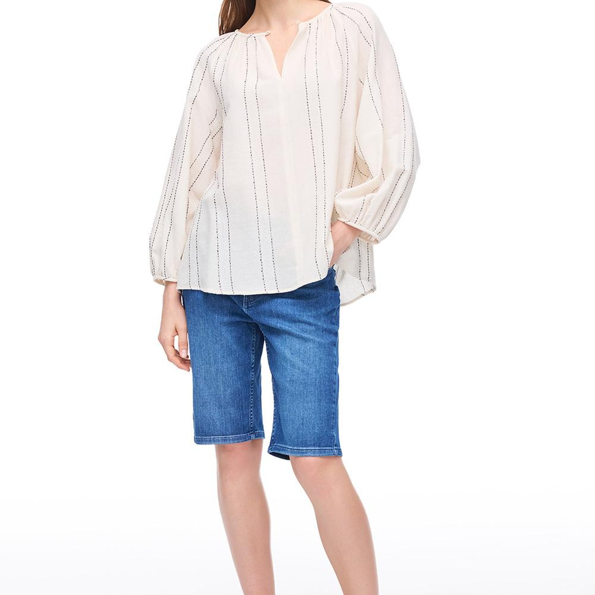 Açık Bej Risas Rahat Kalıp Yuvarlak Yaka Çizgili Bluz