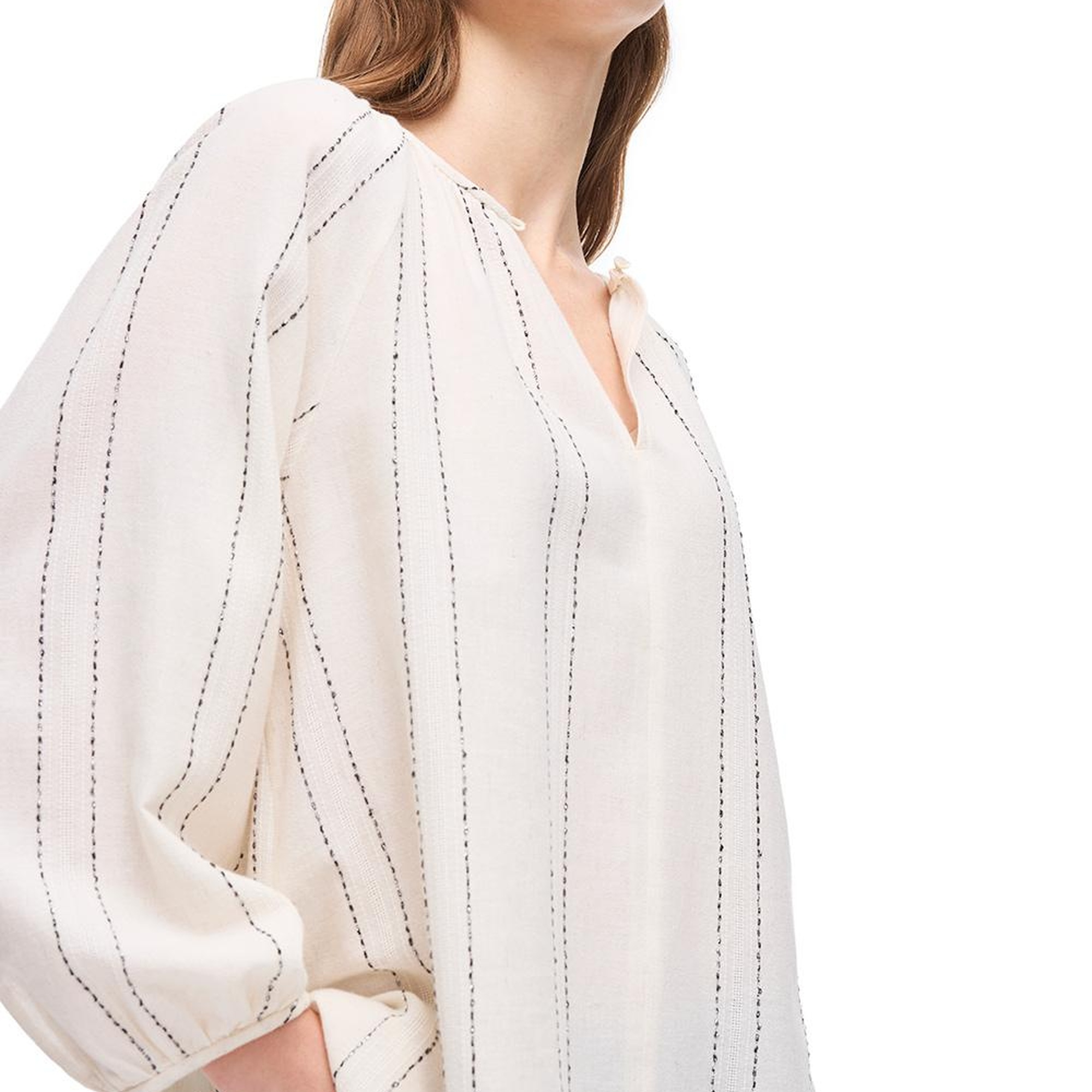 Açık Bej Risas Rahat Kalıp Yuvarlak Yaka Çizgili Bluz