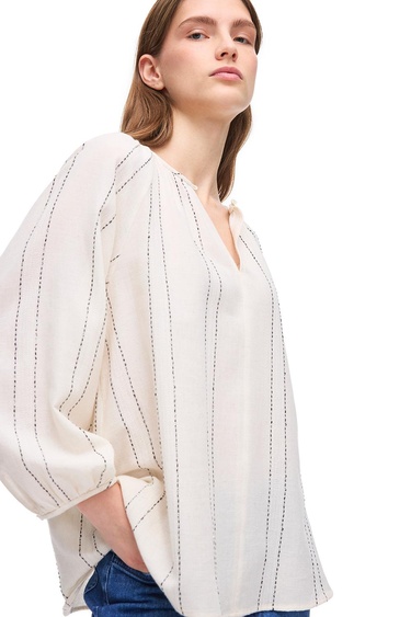  Açık Bej Risas Rahat Kalıp Yuvarlak Yaka Çizgili Bluz