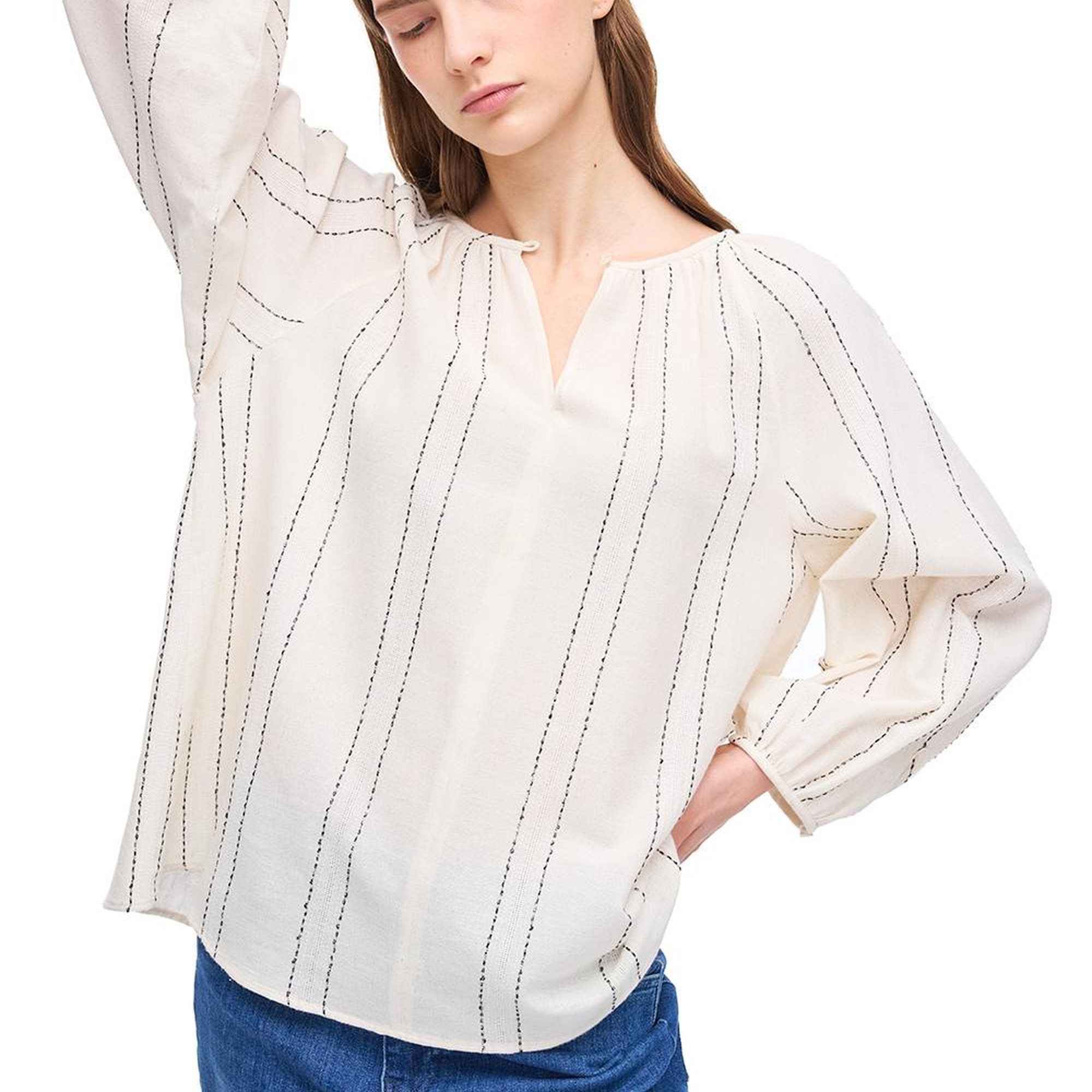 Açık Bej Risas Rahat Kalıp Yuvarlak Yaka Çizgili Bluz