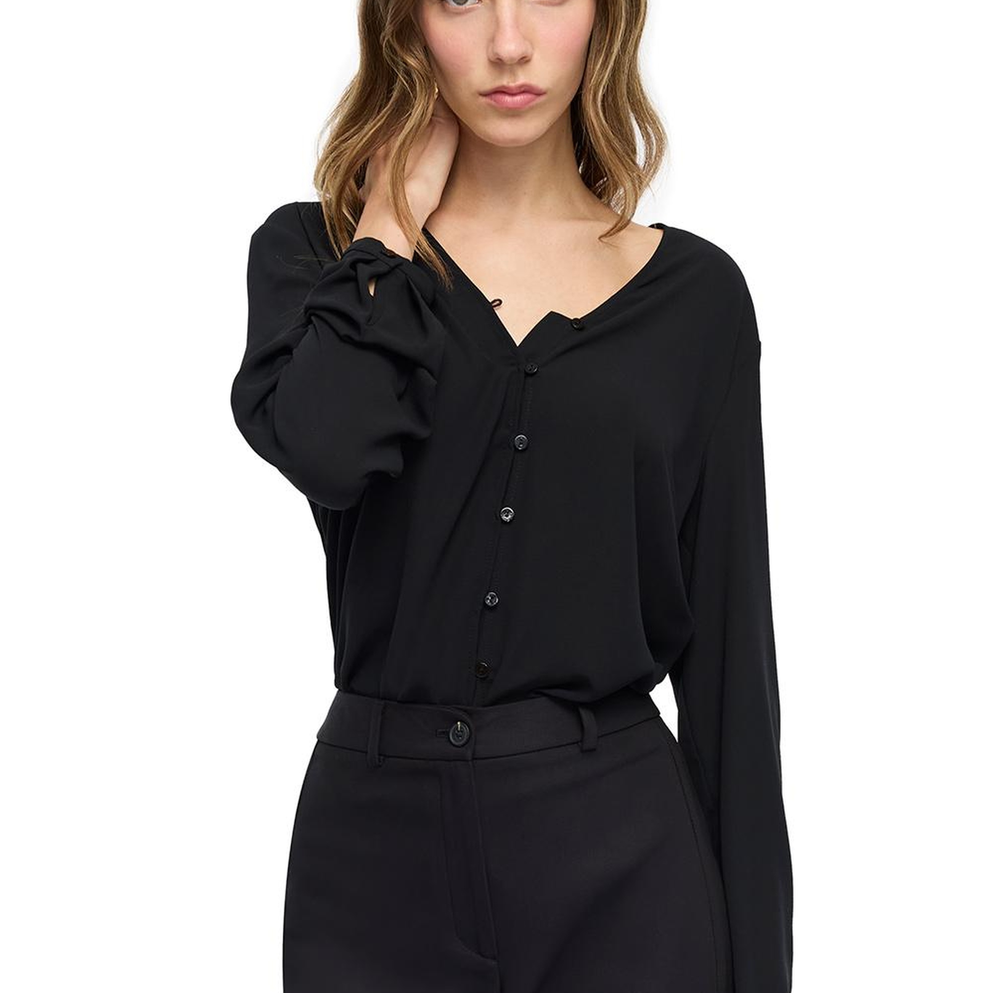 Siyah Ametist Rahat Kalıp V-Yaka Bluz