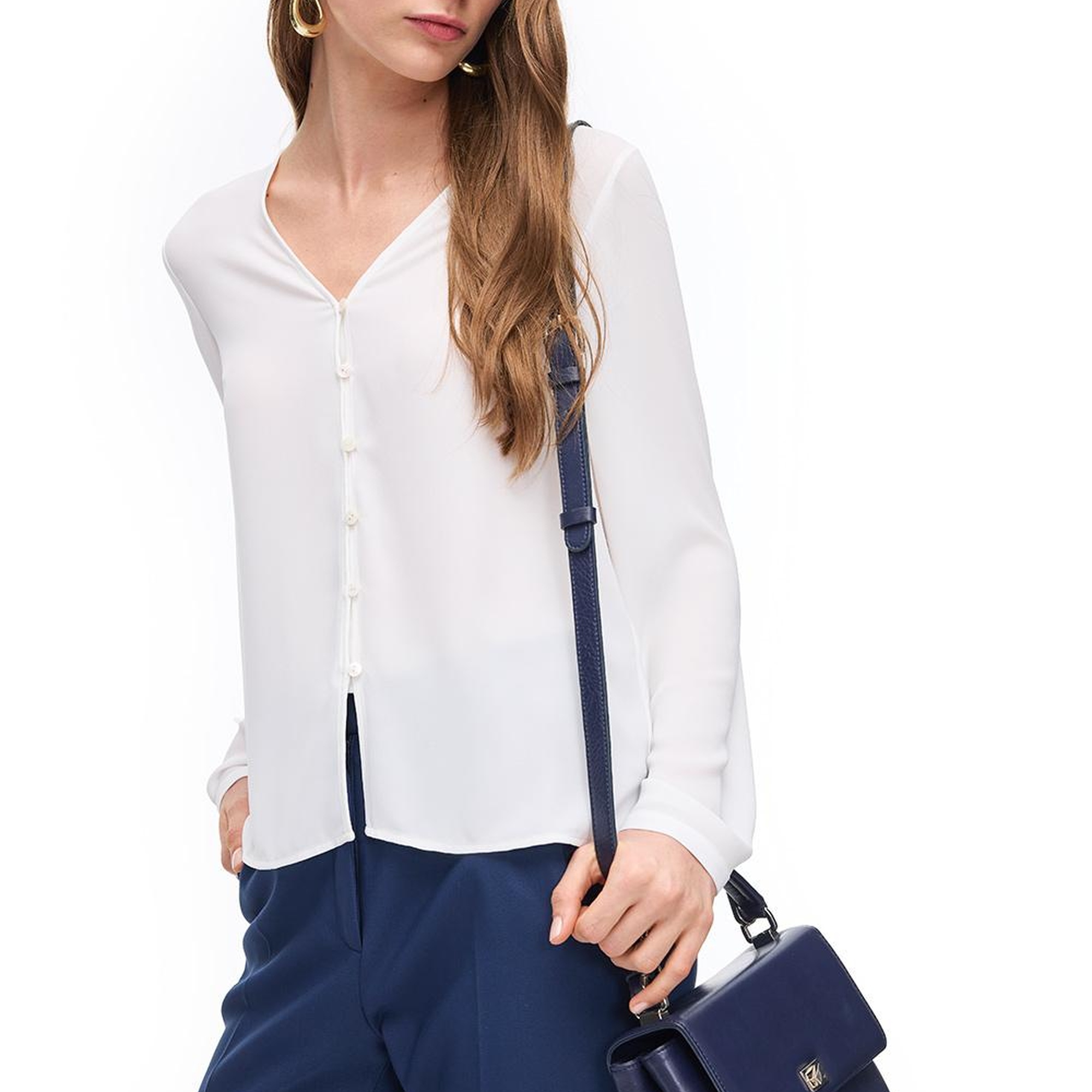 Beyaz Ametist Rahat Kalıp V-Yaka Bluz