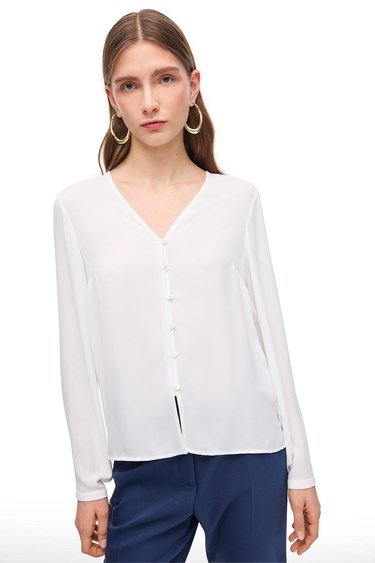  Beyaz Ametist Rahat Kalıp V-Yaka Bluz