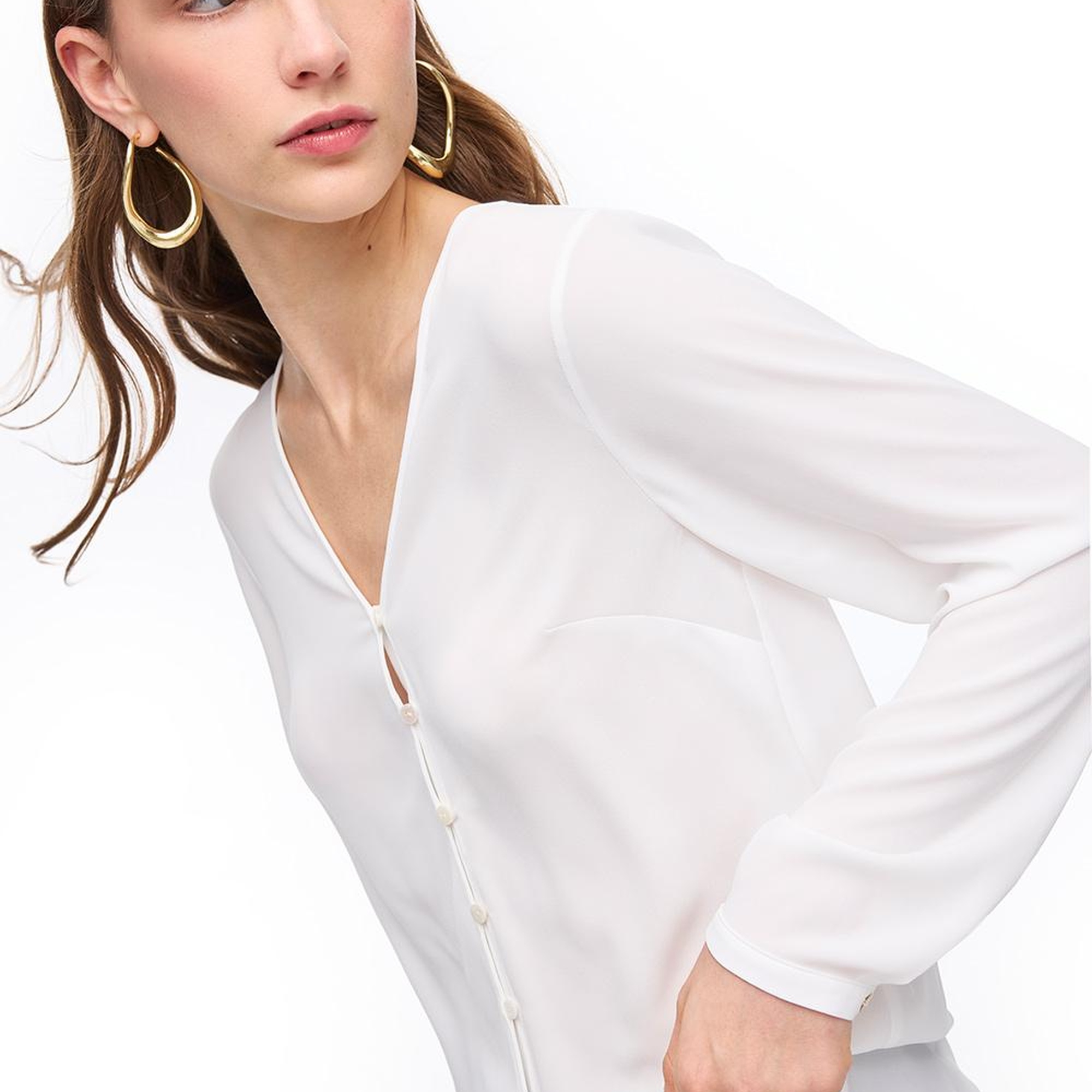 Beyaz Ametist Rahat Kalıp V-Yaka Bluz