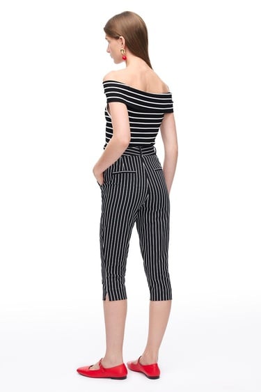  Çizgili Yüksek Bel Pamuklu Pantolon