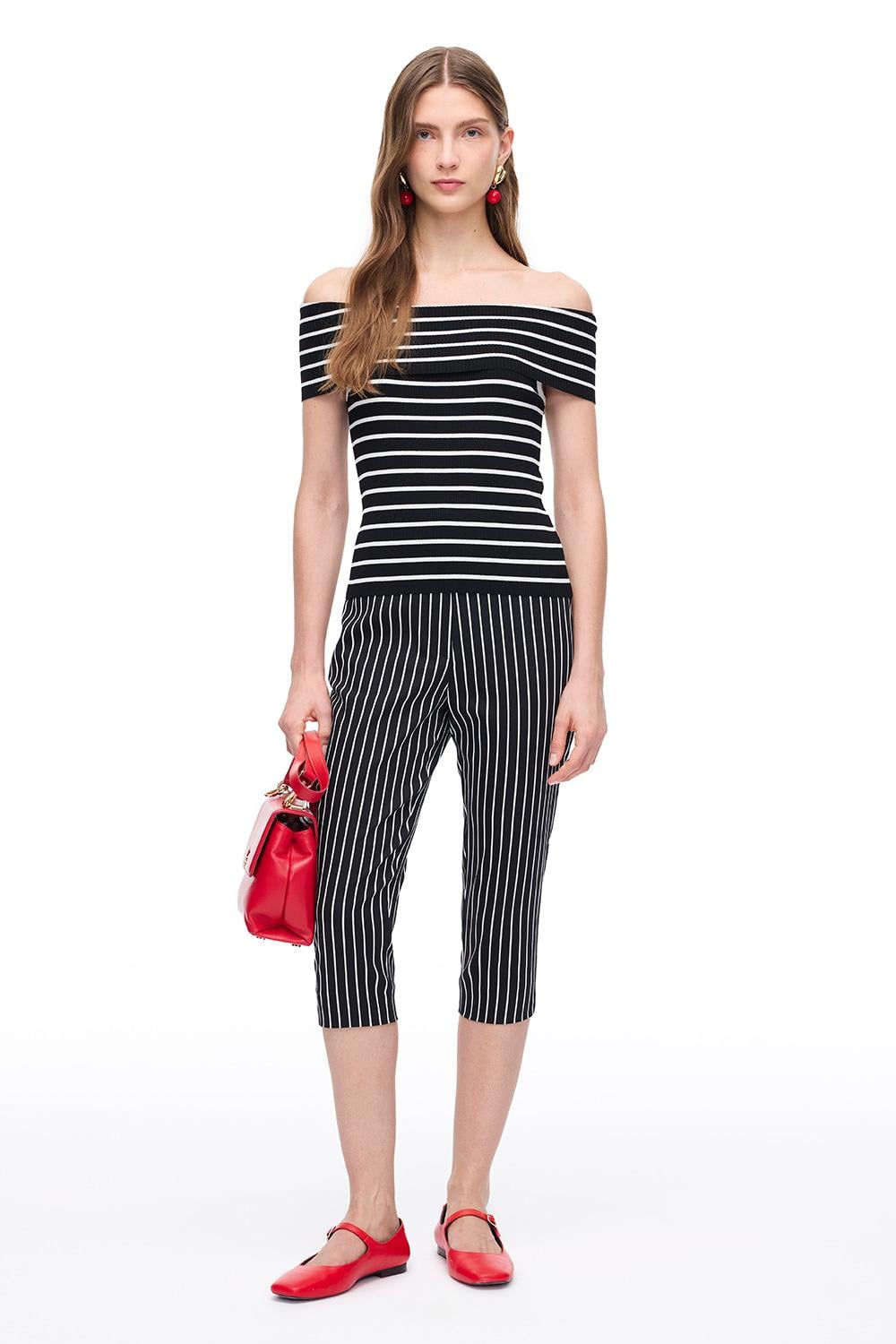  Çizgili Yüksek Bel Pamuklu Pantolon