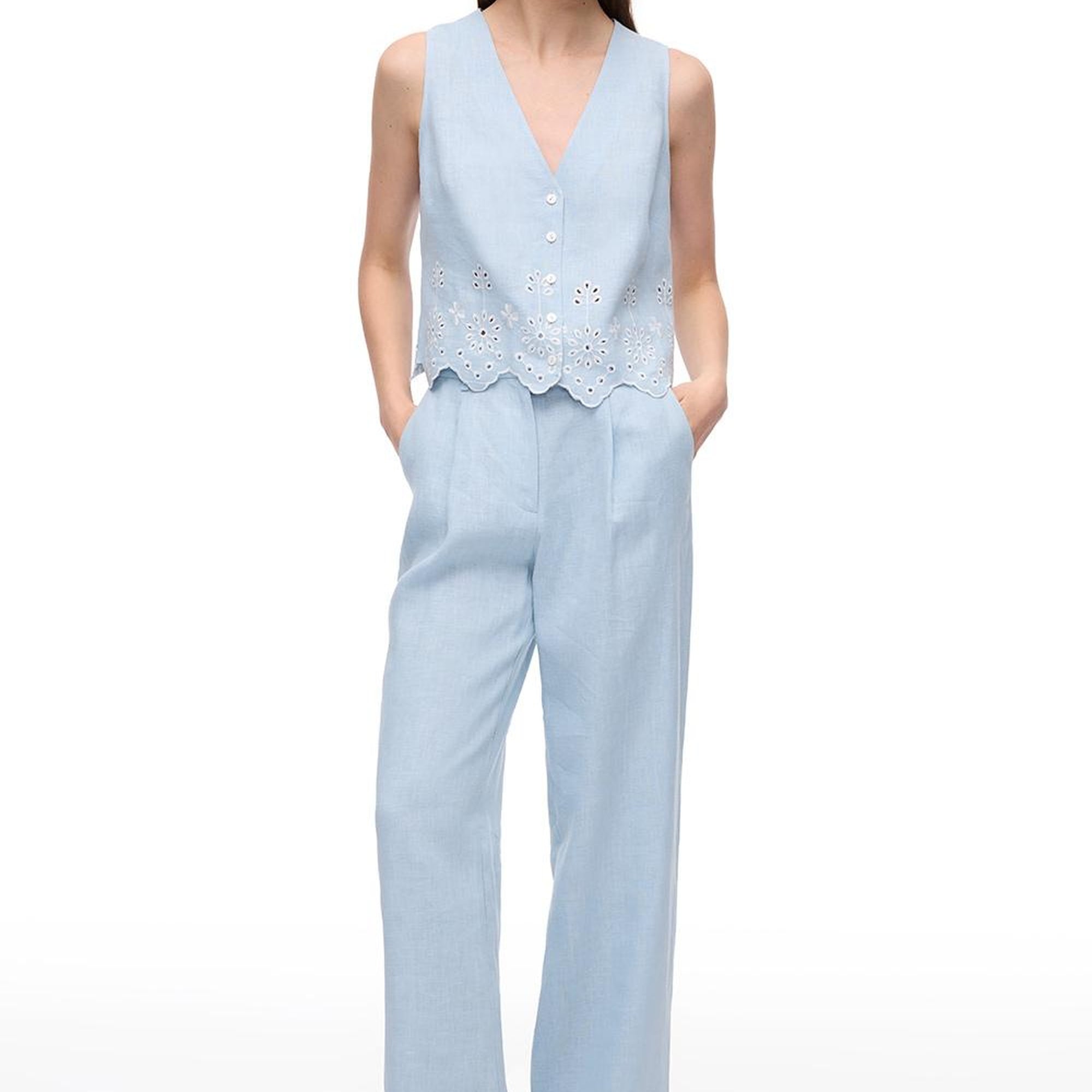 Keten Yüksek Bel Geniş Paça Pantolon