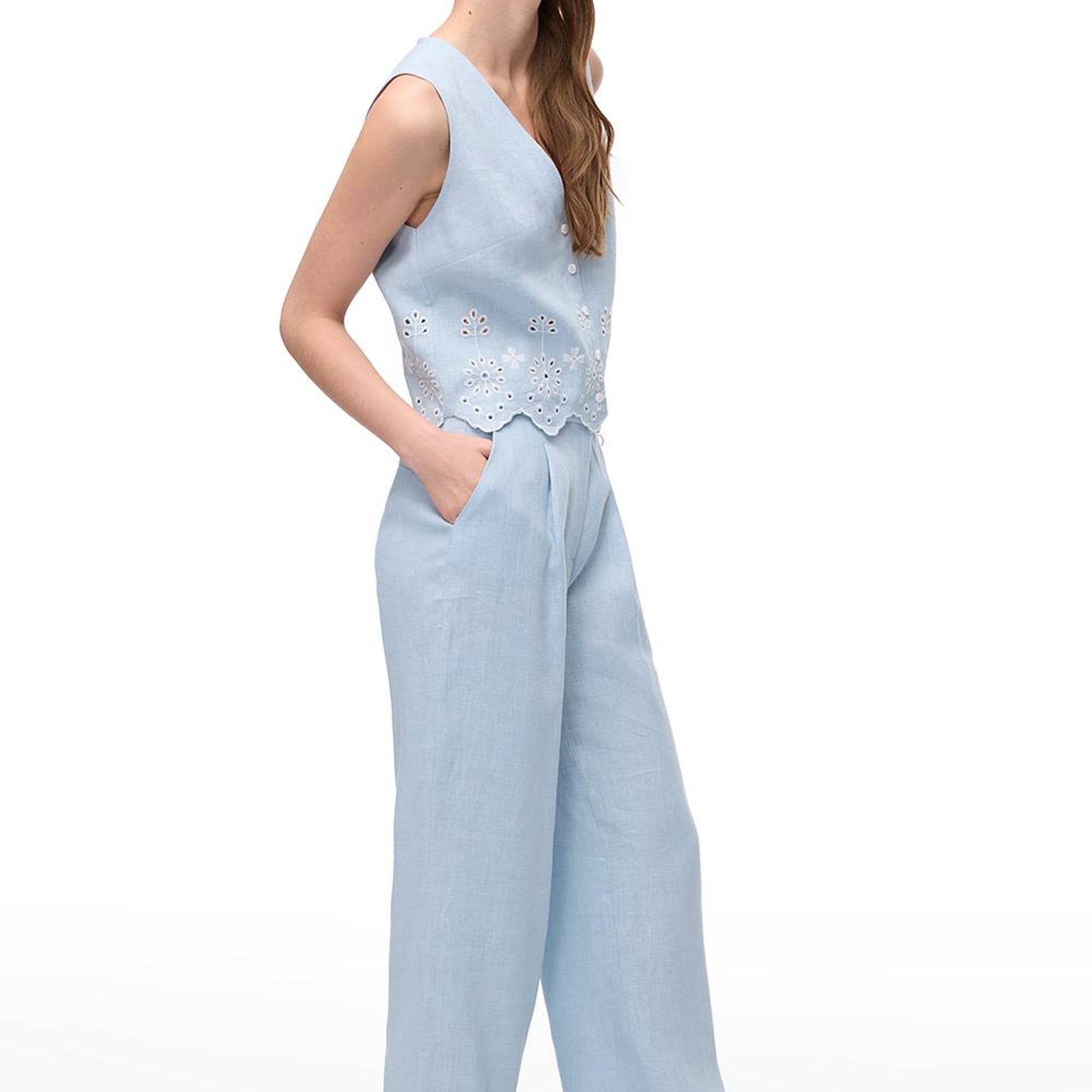 Keten Yüksek Bel Geniş Paça Pantolon