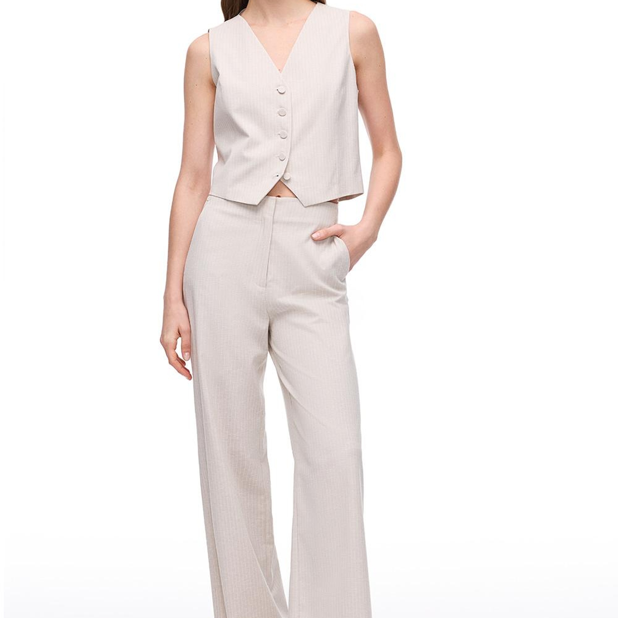 Bej Anyolit Rahat Kalıp Yüksek Bel Pantolon