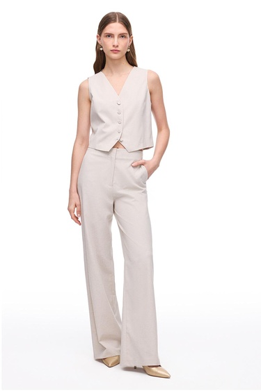  Bej Anyolit Rahat Kalıp Yüksek Bel Pantolon