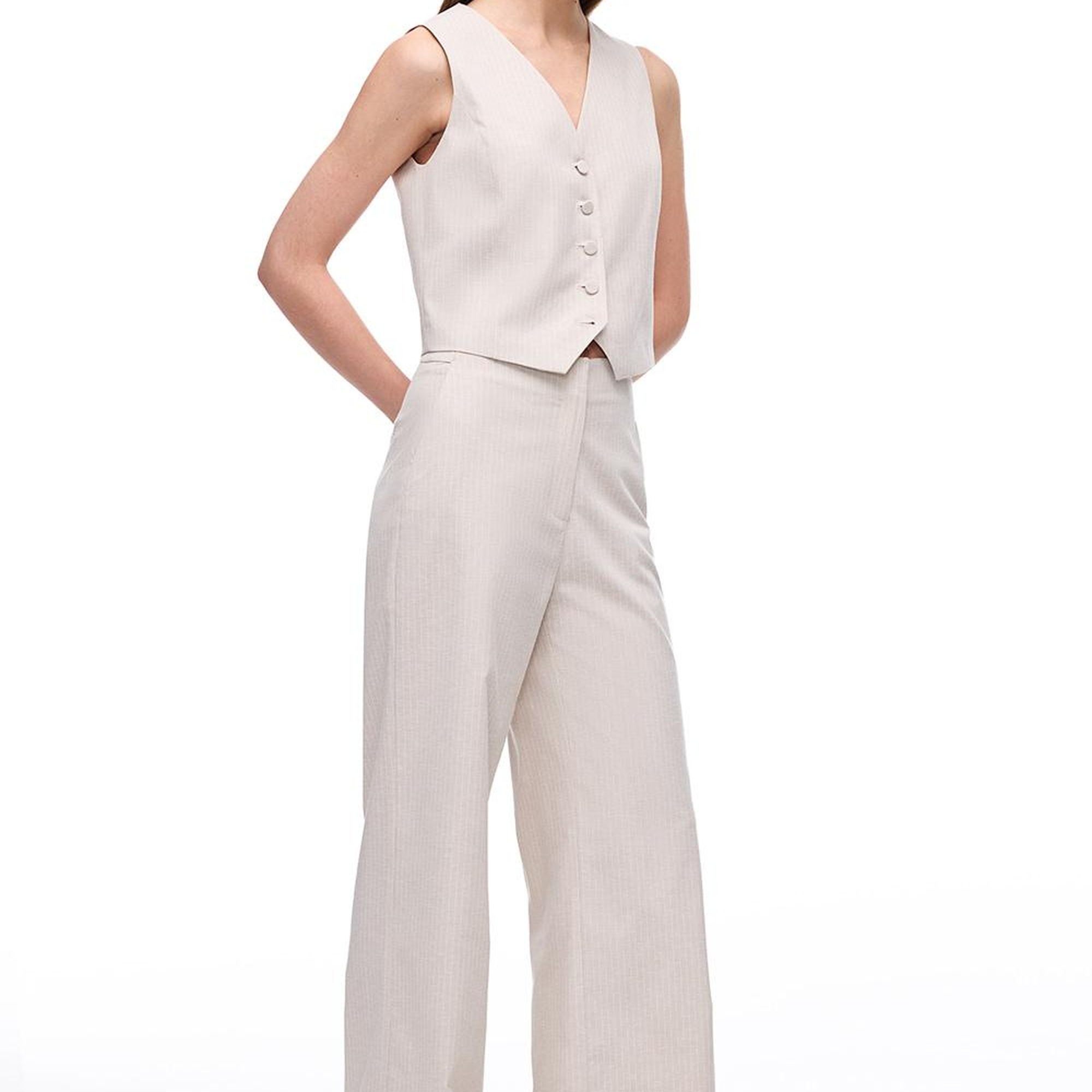 Bej Anyolit Rahat Kalıp Yüksek Bel Pantolon