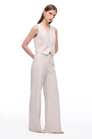  Bej Anyolit Rahat Kalıp Yüksek Bel Pantolon