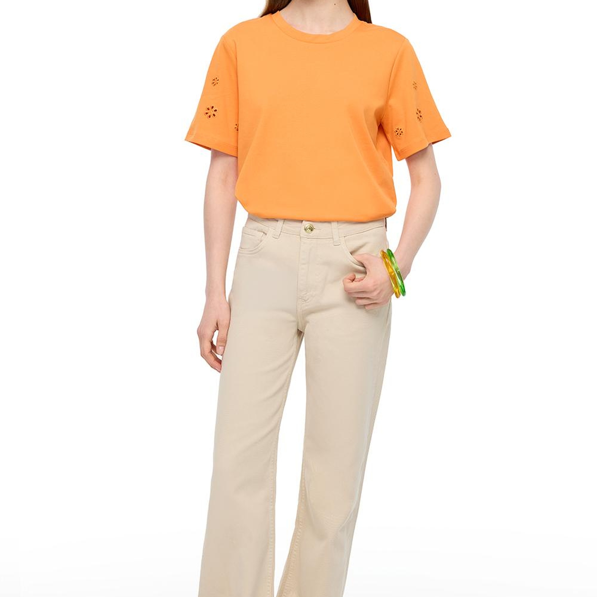 Makis Turuncu Renk Rahat Kalıp Bisiklet Yaka Düşük Kollu Tişört