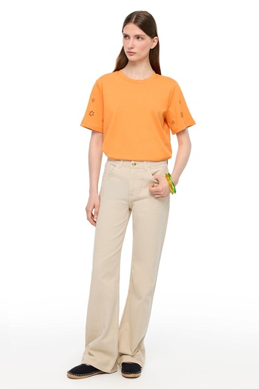  Makis Turuncu Renk Rahat Kalıp Bisiklet Yaka Düşük Kollu Tişört
