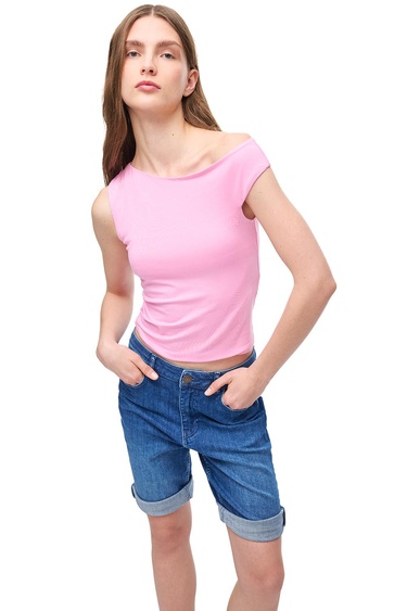  Elsas Pembe Renk Regular Fit Kayık Yaka Düşük Kollu Tişört