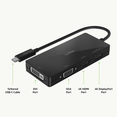  Belkin Multiport USB-C Adaptörü (VGA, DVI, 4K HDMI, 4K DisplayPort özellikli USB-C Video Adaptörü)