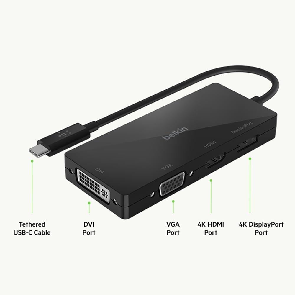  Belkin Multiport USB-C Adaptörü (VGA, DVI, 4K HDMI, 4K DisplayPort özellikli USB-C Video Adaptörü)