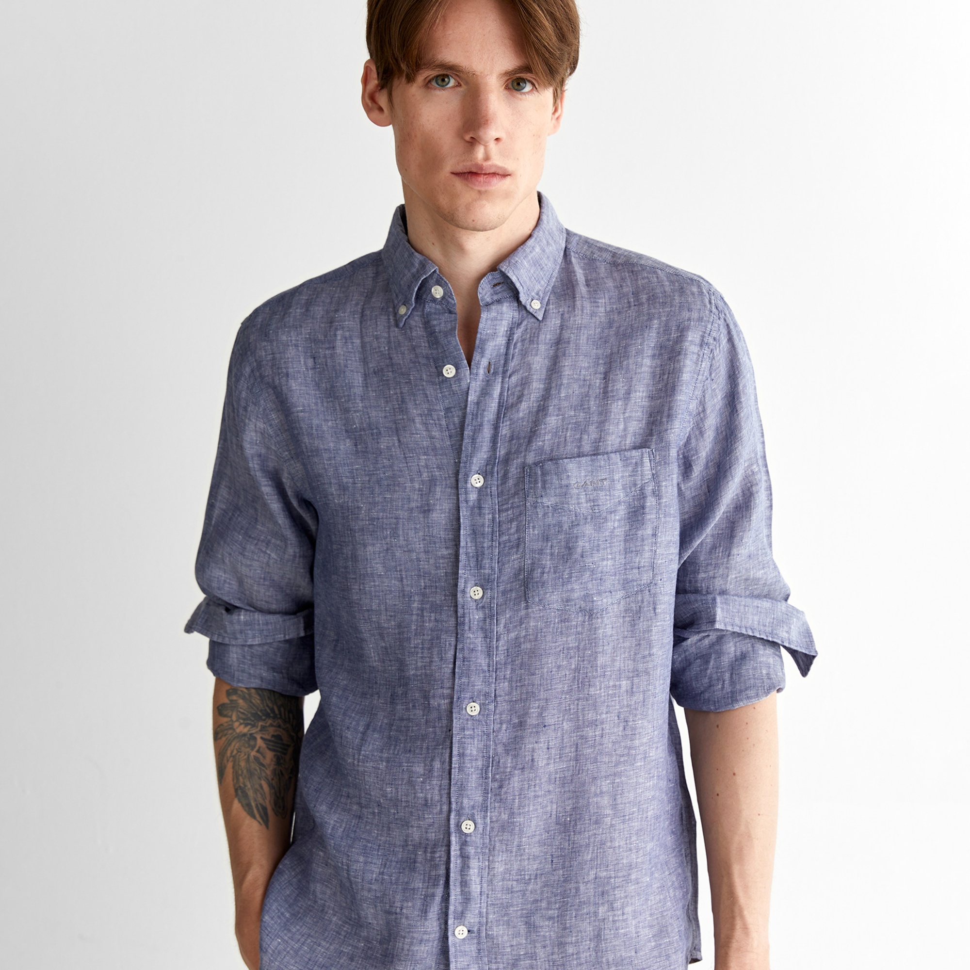 GANT Erkek Mavi Regular Fit Düğmeli Yaka Keten Gömlek