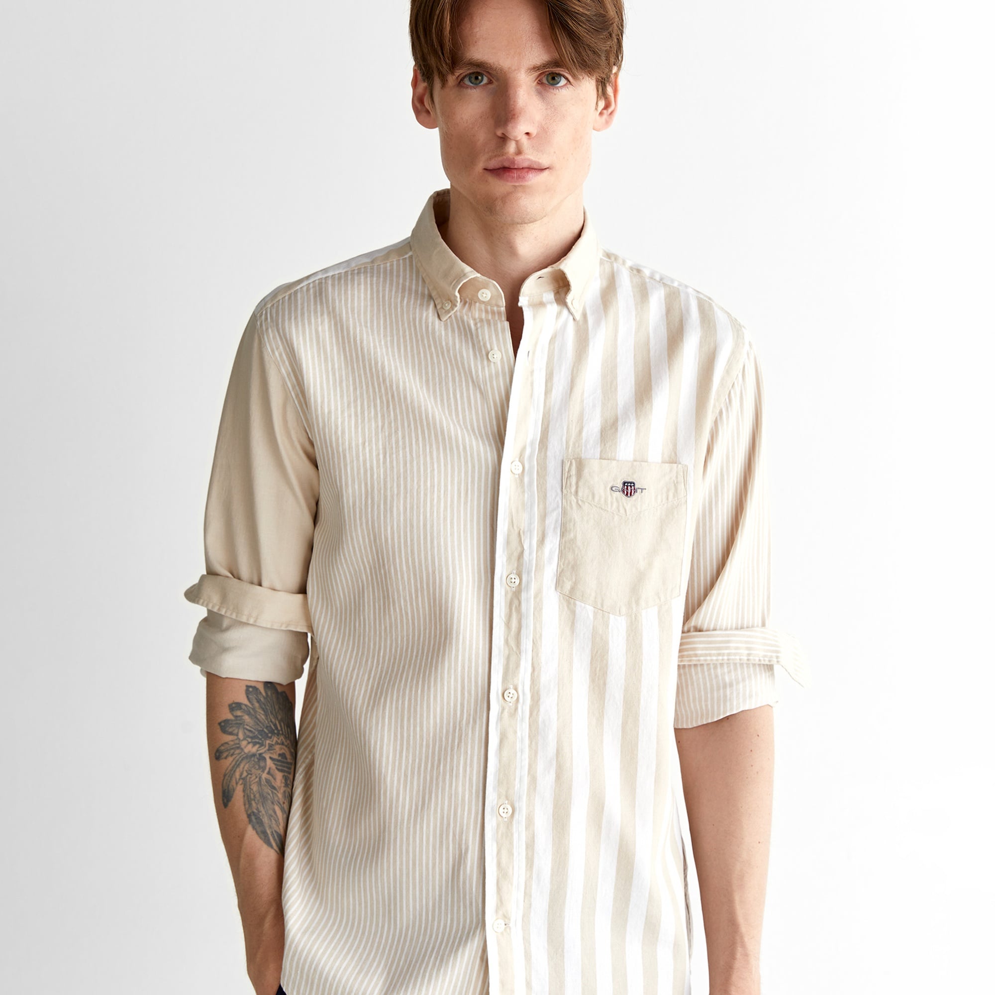 GANT Erkek Bej Regular Fit Düğmeli Yaka Çizgili Gömlek