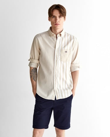  GANT Erkek Bej Regular Fit Düğmeli Yaka Çizgili Gömlek