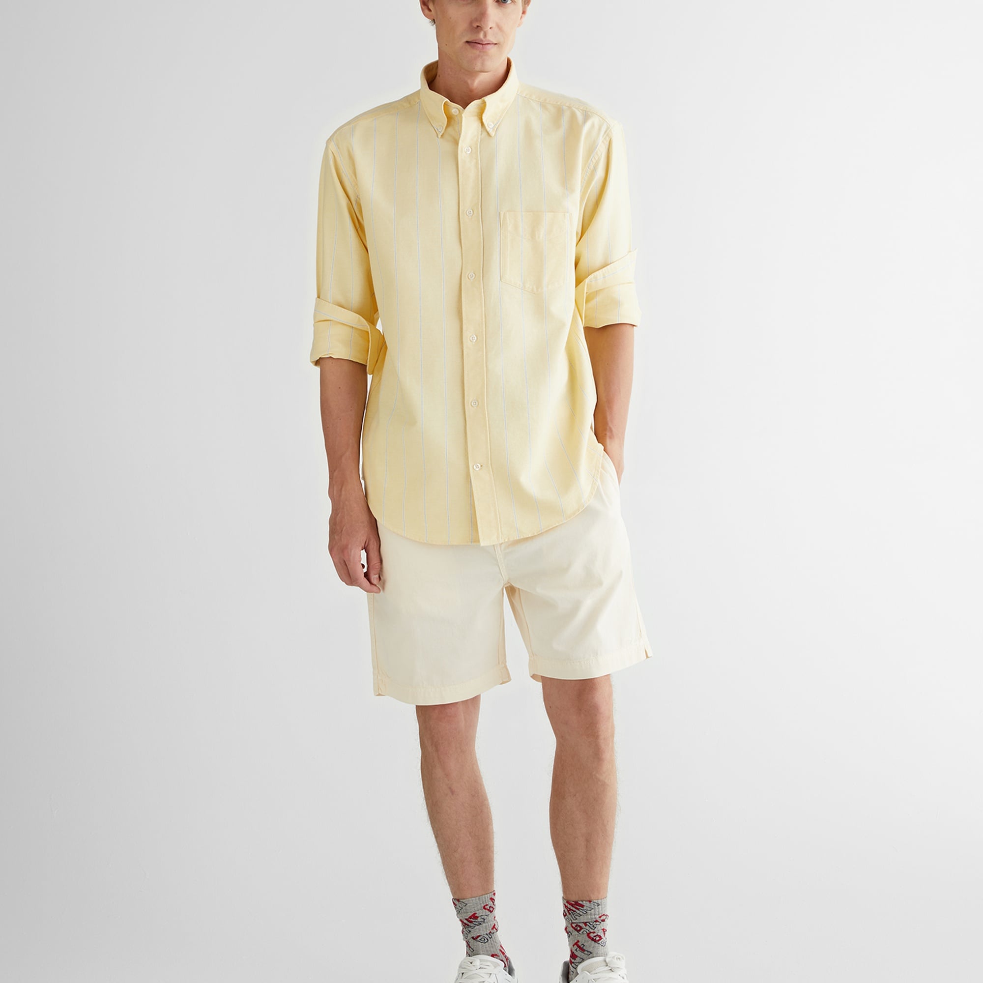 GANT Erkek Sarı Relaxed Fit Düğmeli Yaka Çizgili Gömlek