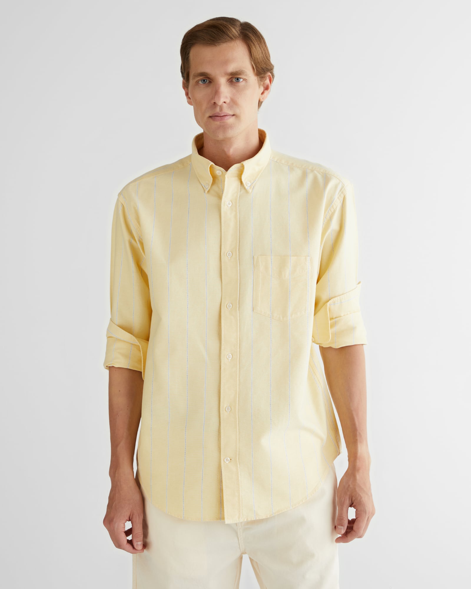  GANT Erkek Sarı Relaxed Fit Düğmeli Yaka Çizgili Gömlek