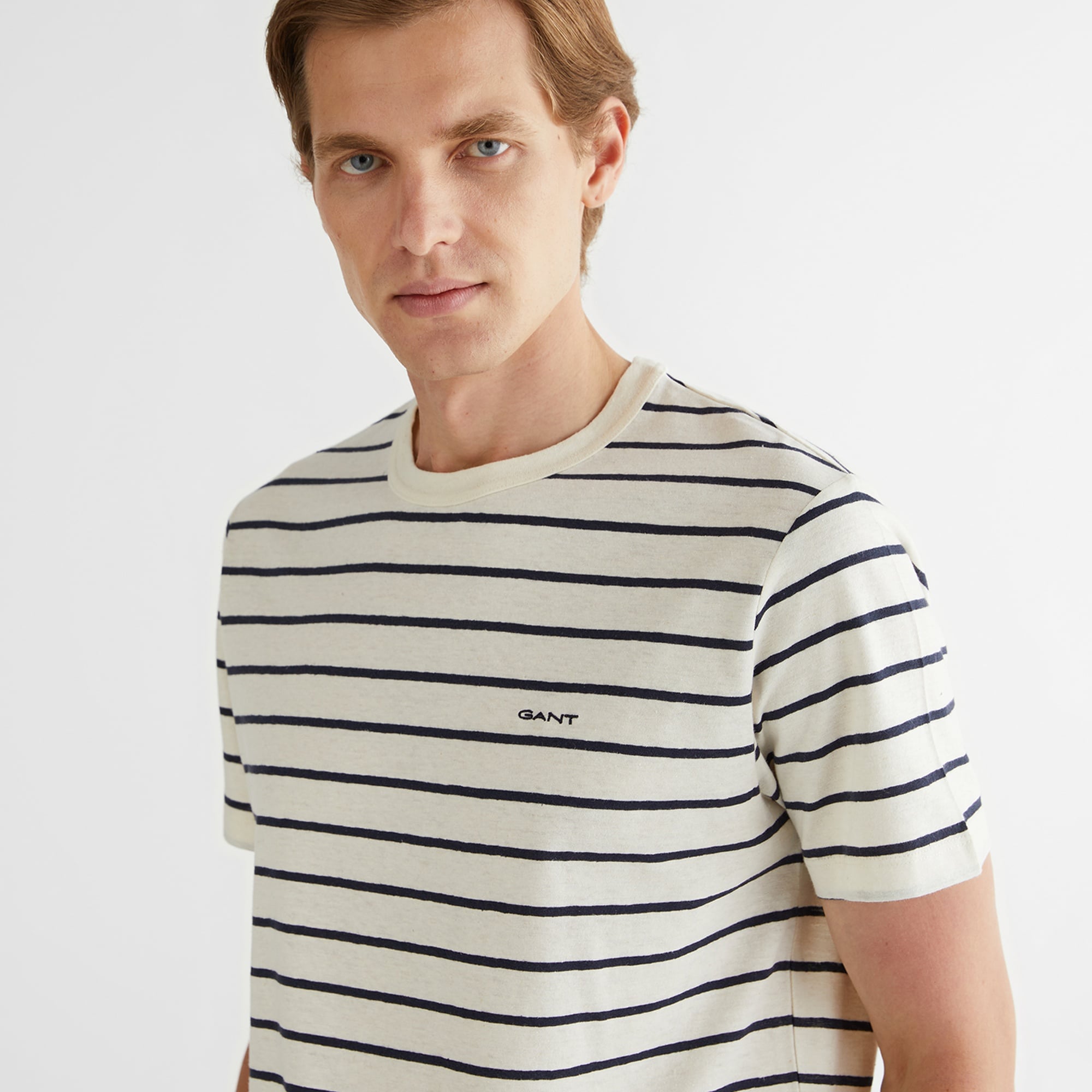 GANT Erkek Krem Regular Fit Bisiklet Yaka Çizgili T-Shirt