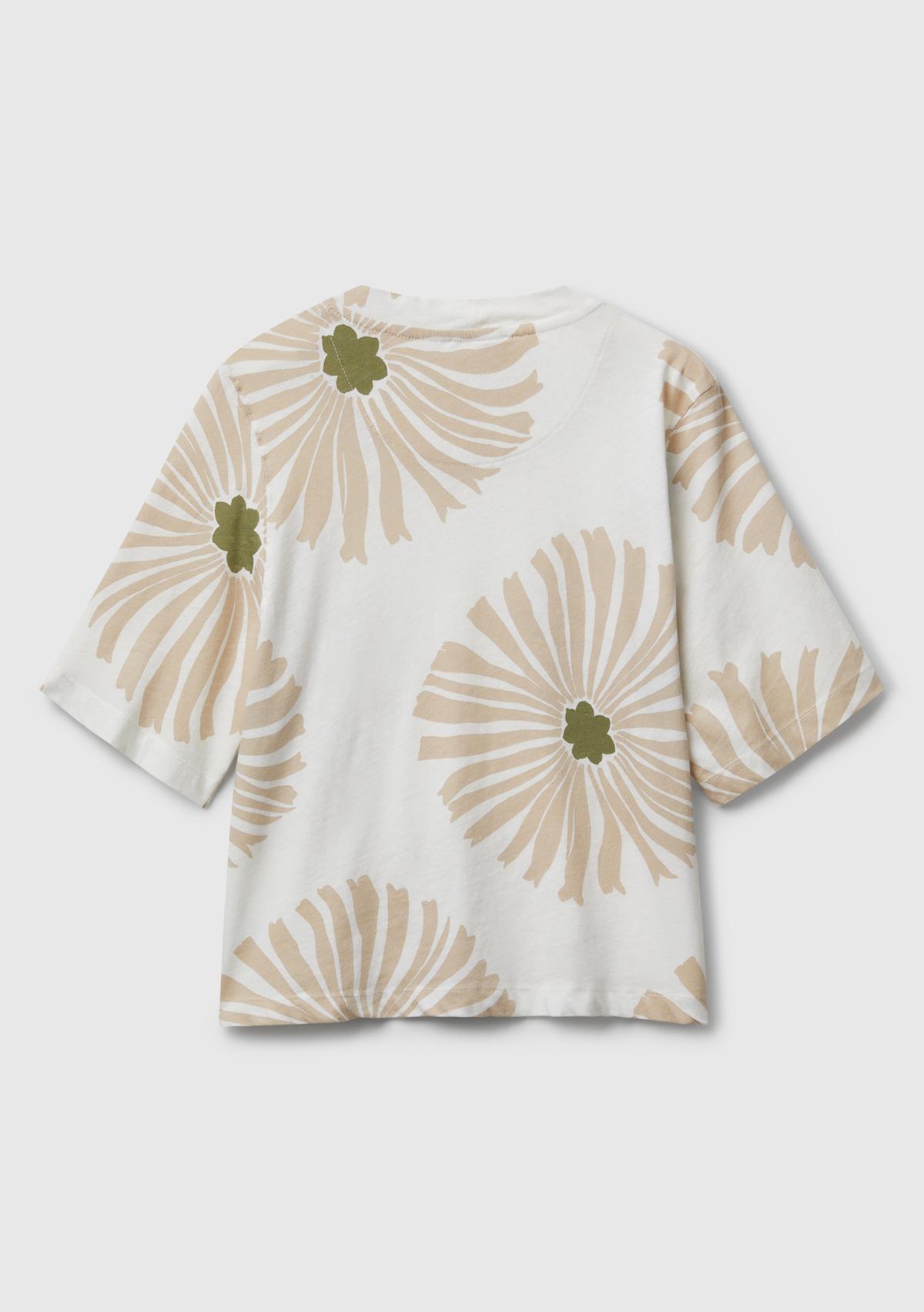 Kadın Krem Keten Karışımlı Boxy Fit Çiçek Desenli T-Shirt