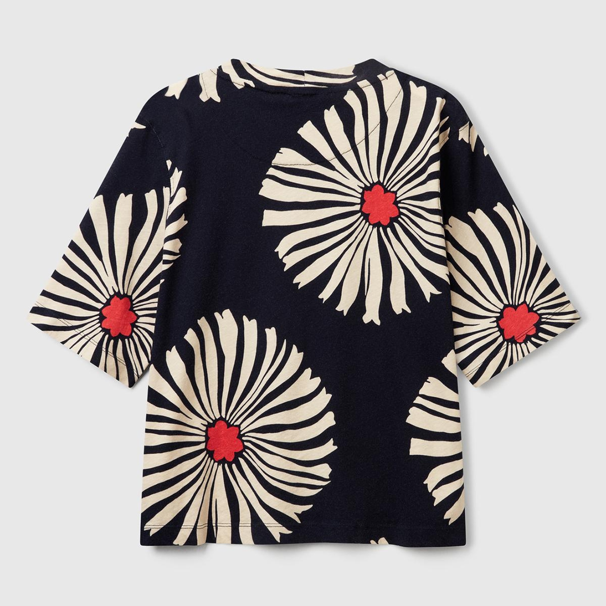 Kadın Lacivert Keten Karışımlı Boxy Fit Çiçek Desenli T-Shirt