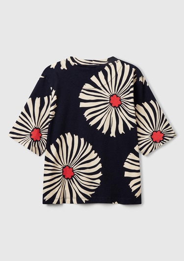  Kadın Lacivert Keten Karışımlı Boxy Fit Çiçek Desenli T-Shirt