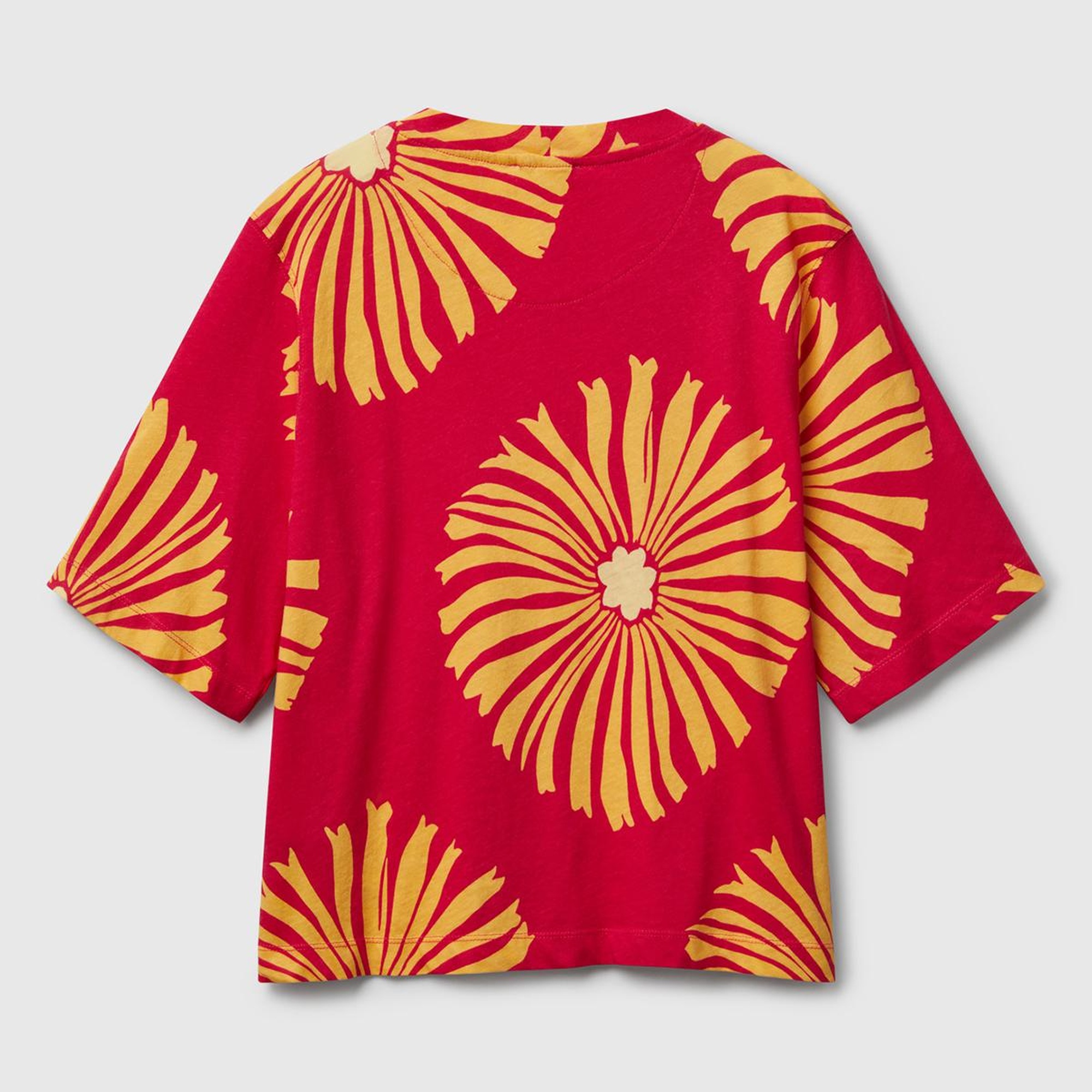 Kadın Fuşya Keten Karışımlı Boxy Fit Çiçek Desenli T-Shirt