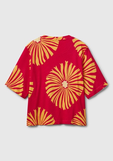  Kadın Fuşya Keten Karışımlı Boxy Fit Çiçek Desenli T-Shirt