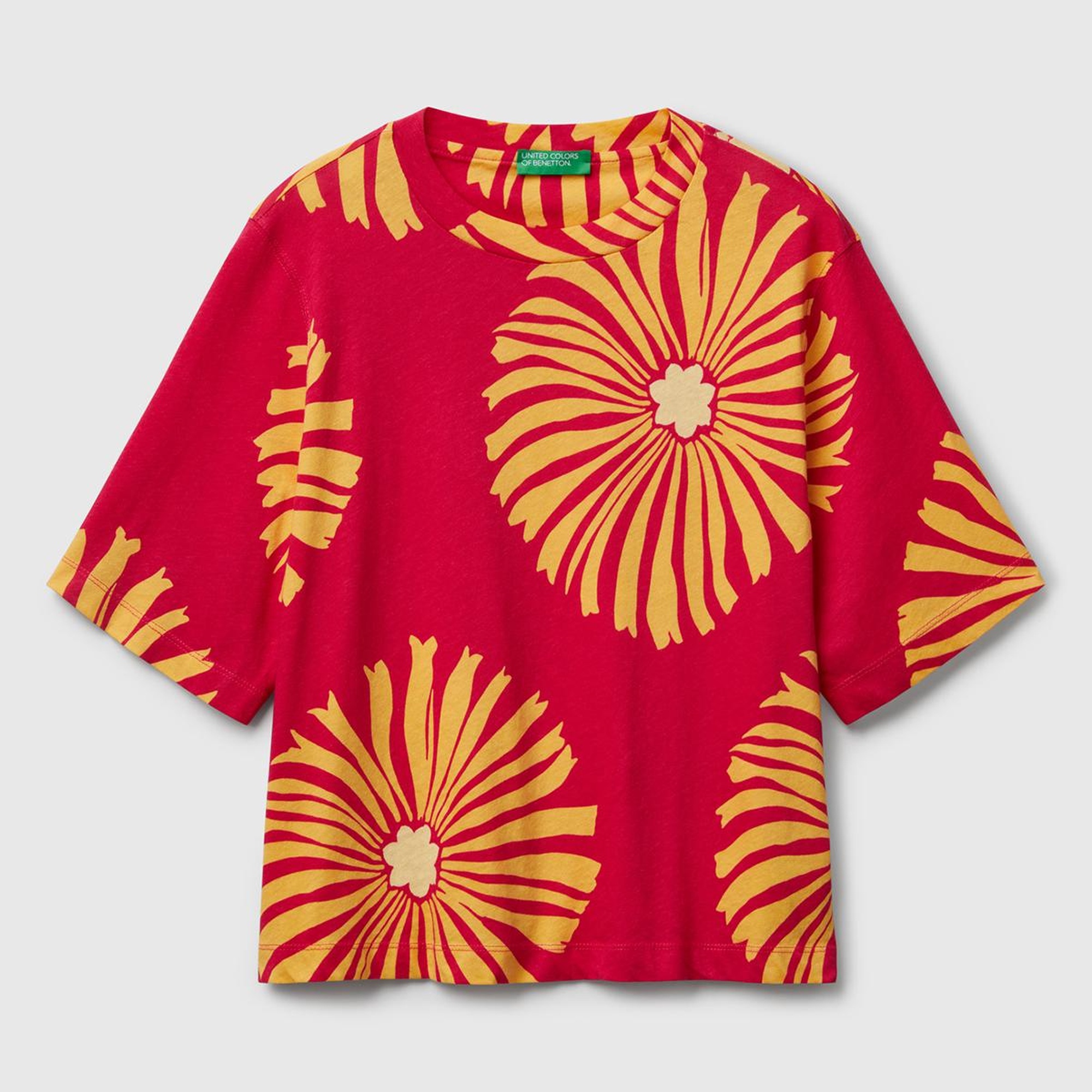 Kadın Fuşya Keten Karışımlı Boxy Fit Çiçek Desenli T-Shirt