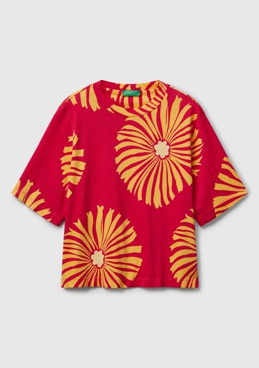  Kadın Fuşya Keten Karışımlı Boxy Fit Çiçek Desenli T-Shirt