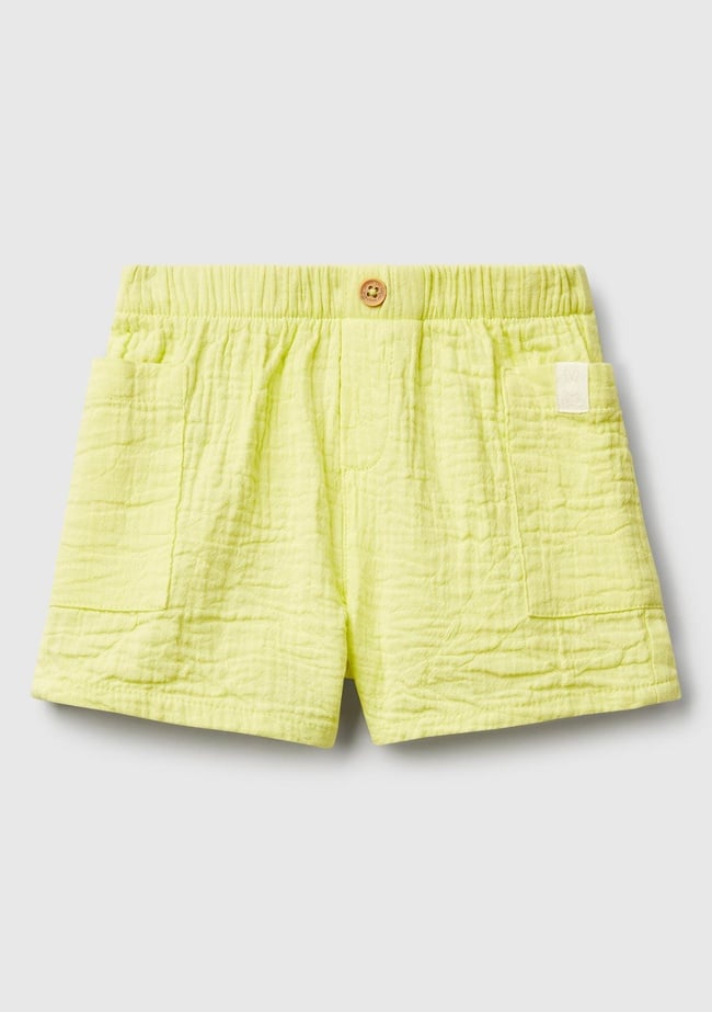  Bebek Sarı Beli Lastikli Yama Cepli Logo Etiketli Müslin Şort