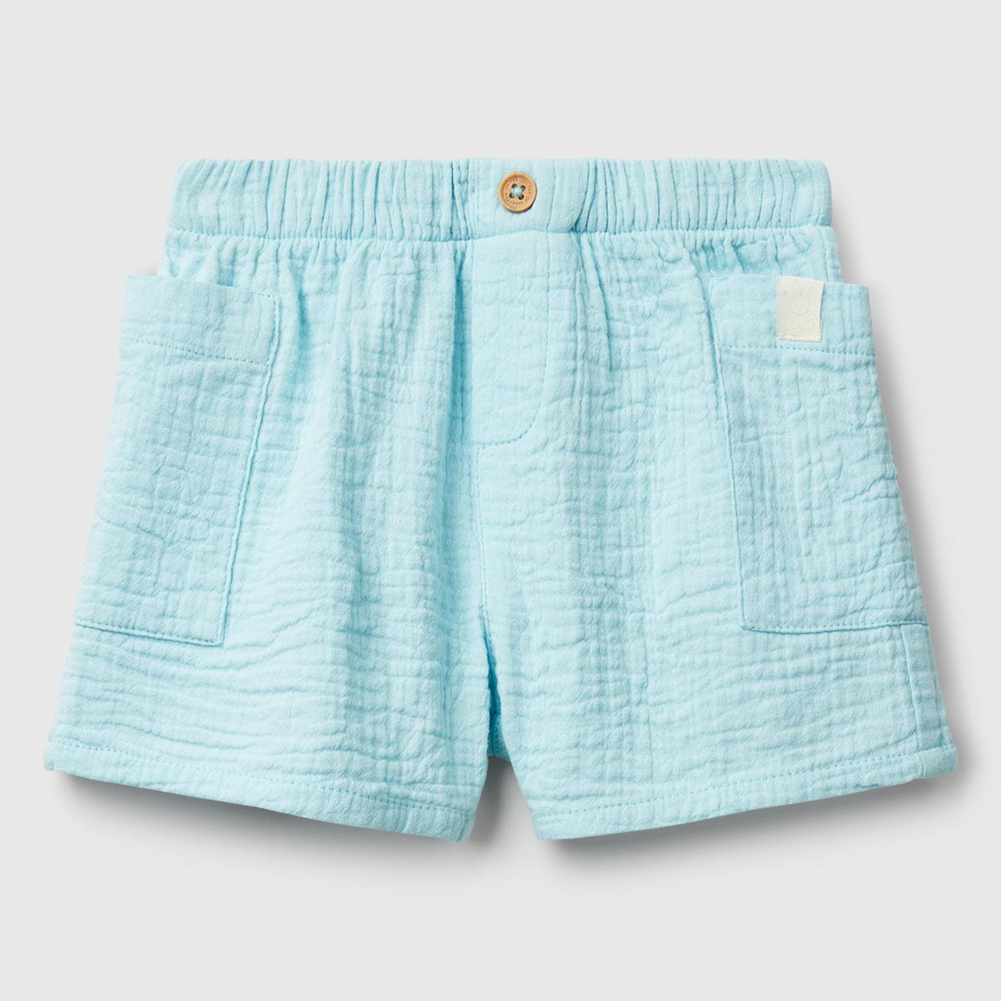 Bebek Turkuaz Beli Lastikli Yama Cepli Logo Etiketli Müslin Şort