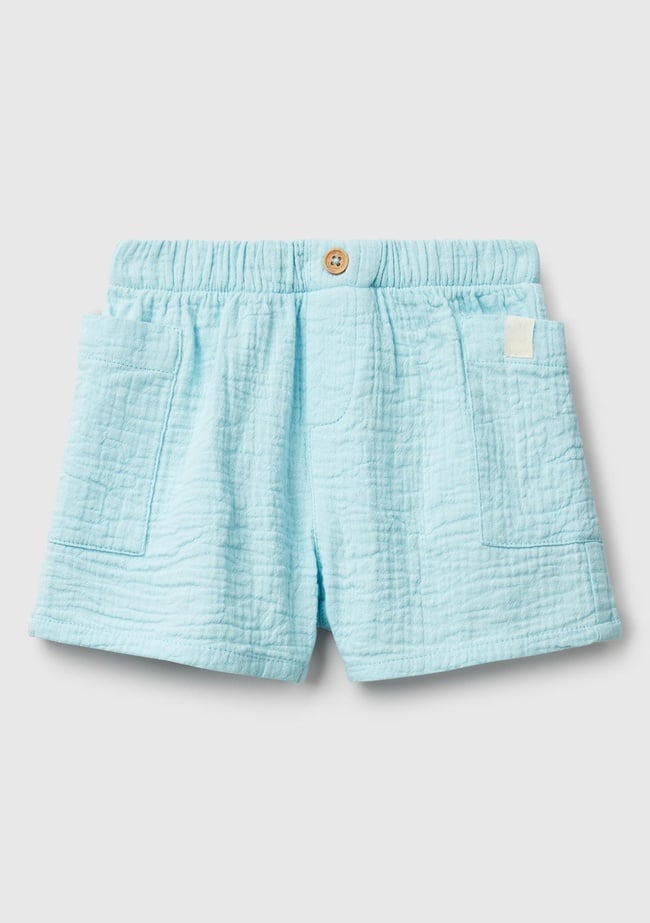  Bebek Turkuaz Beli Lastikli Yama Cepli Logo Etiketli Müslin Şort