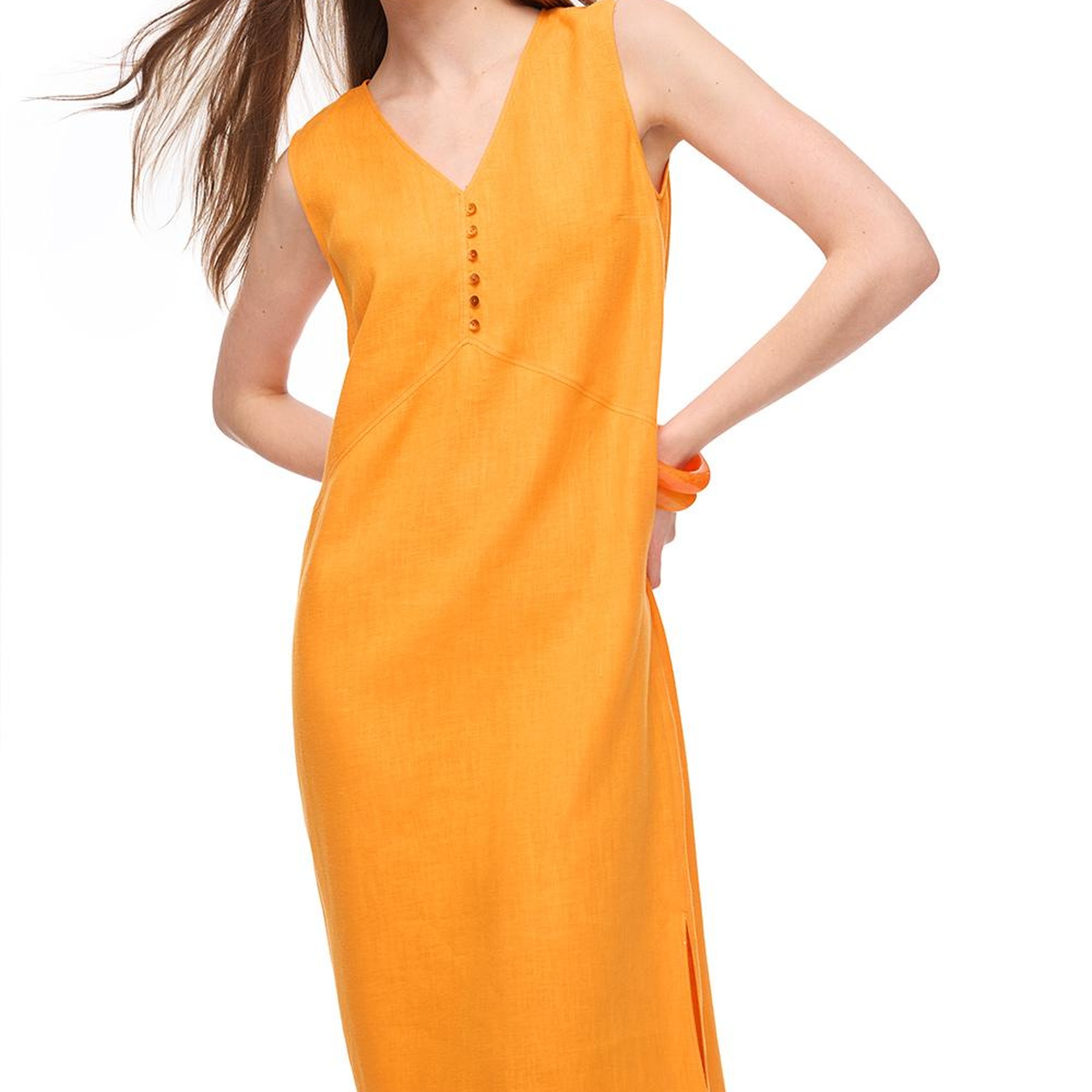 Turuncu Holas Regular Fit Düz Midi Boy Elbise